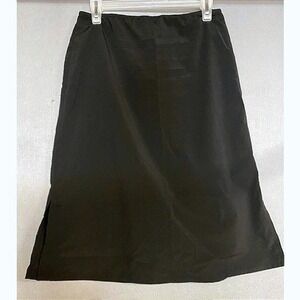 Uniqlo Women's MED Black Midi Skirt Elastic Waist Side Slit Minimalist Stretch